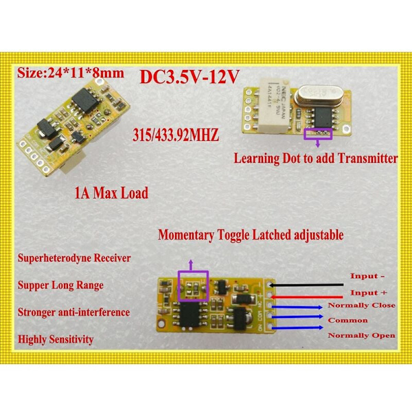 RF-fjärrströmbrytare 433MHZ 4.2V 4.5V 5V 6V 7.4V 9V 12V Liten reläkontakt Trådlösa brytare NO COM NC Mini-brytare