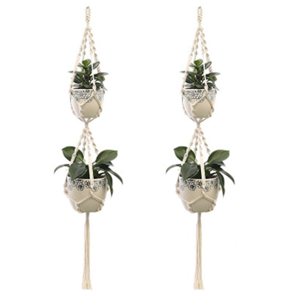 2 st Macrame Växtupphängningar, Inomhus Utomhus Hängande Planterkorg, Bomullsrep, Handgjord Blomkruka Nätväska