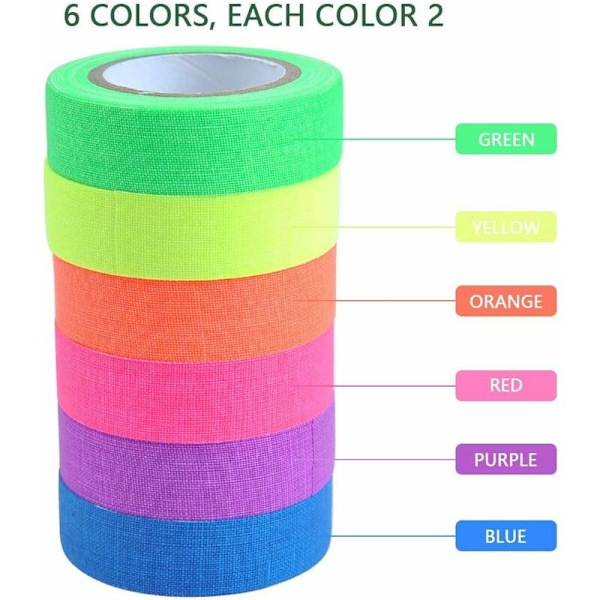 Neon Tape, Lysende Fluorescerende Tape 6 Farver Klæbende Gaffer Tape UV Sortlys Reaktiv Neon Tape (6 stk)