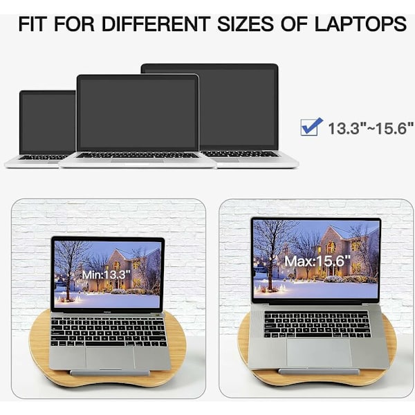 Bærbar computerstand med pude og bambusplatform på seng og sofa, knæbord med kabelhul og skridsikker strimmel, til pc, tablet op til 15,6\"