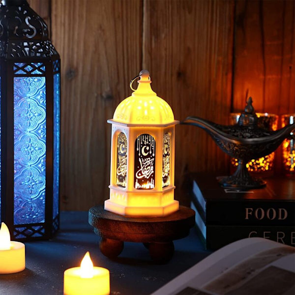 Mini Ramadan-ljus Mubarak-lykta LED Eid Mubarak-lykta Måne Stjärnljus Marockansk stil Hängande lykta Vit