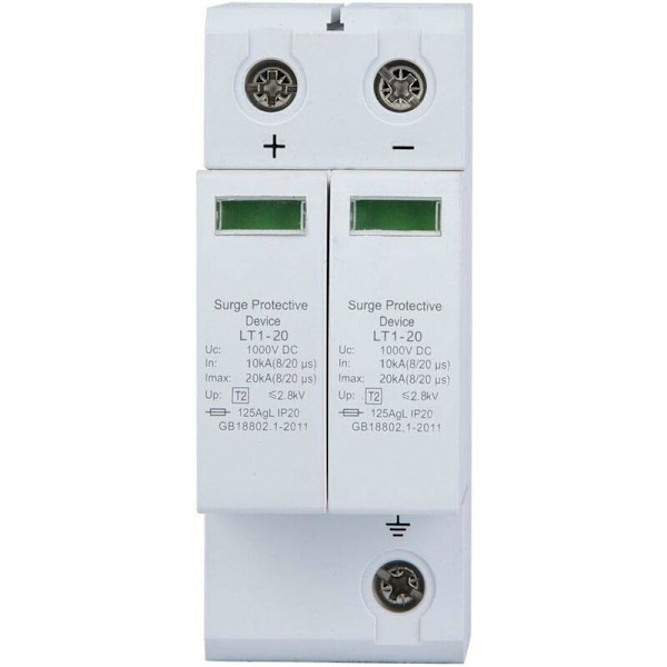 Ylijännitesuojalaitteet, 2P DC1000V aurinkosähköjärjestelmän ylijännitesuojat 36 mm:n kiskoon, PC-palosuojakotelo (2P 20KA)--