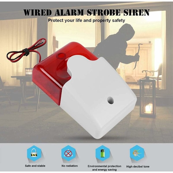12V Trådbunden Strob Siren, Strob Ljudalarm Blinkande Rött Ljus Siren Horn 110 DB Hem Säkerhetssystem