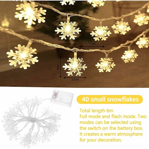 SChristmasflake Lys 6M 40LED Lysguirlande LED Girlander Lyse Jule SChristmas Flake Feelygter Feelygter Dekoration Hvidt Lys