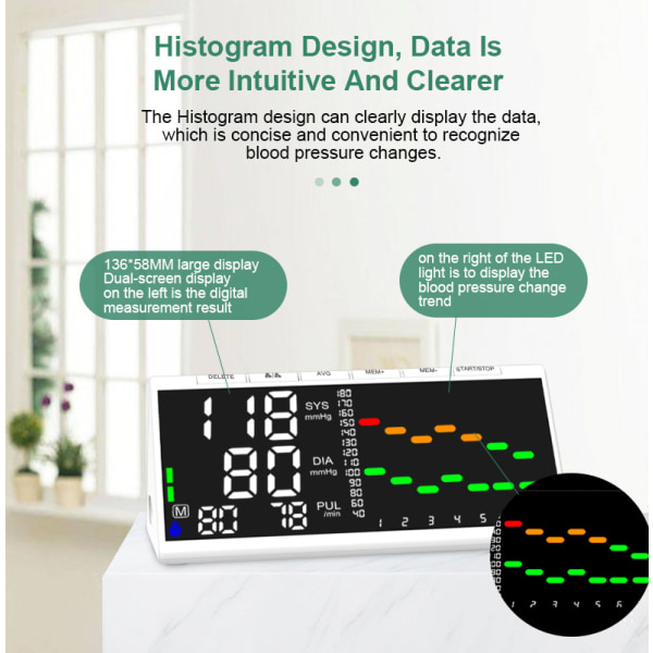 Arm blodtrykksmåler med stor bakgrunnsbelyst skjerm - hjertefrekvensregistrering, digital blodtrykksmaskin