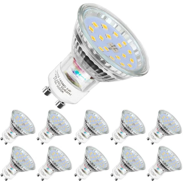 Sett med 10 LED-pærer, GU10-5W tilsvarende 60W, Kald hvit 6000K 120° brede stråler, Spot LED-pærer