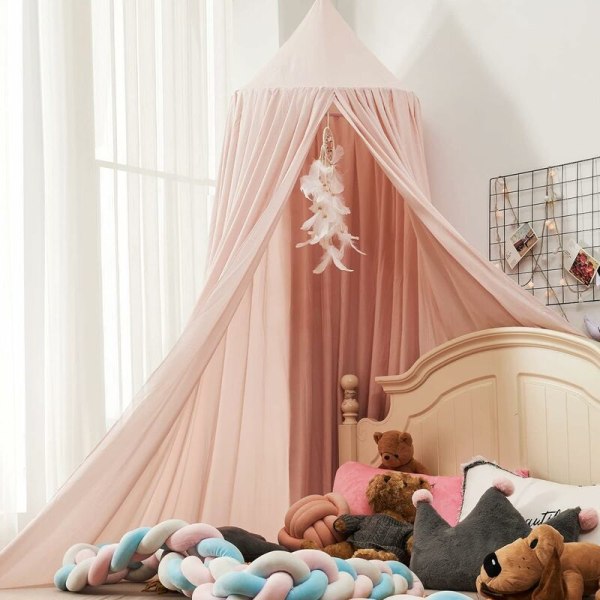Sänghimmel för tjejer, mjuk rosa prinsessa sänghimmel till flicksäng, volang sänghimmel för barns sovrum - ljusrosa
