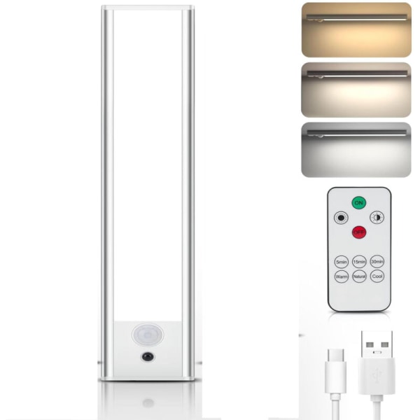 Under-skab belysning med bevægelsessensor og fjernbetjening, 3 farvetemperaturer, LED-skab belysning, USB-C genopladelig, dæmpbar diskant belysning, ledning