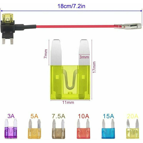 4 st små bilströmstjuvsäkringar, plug-in säkringsfördelare platt säkringsadapter med 6 st säkringar (3A/5A/7.5A/10A/15A/20A)