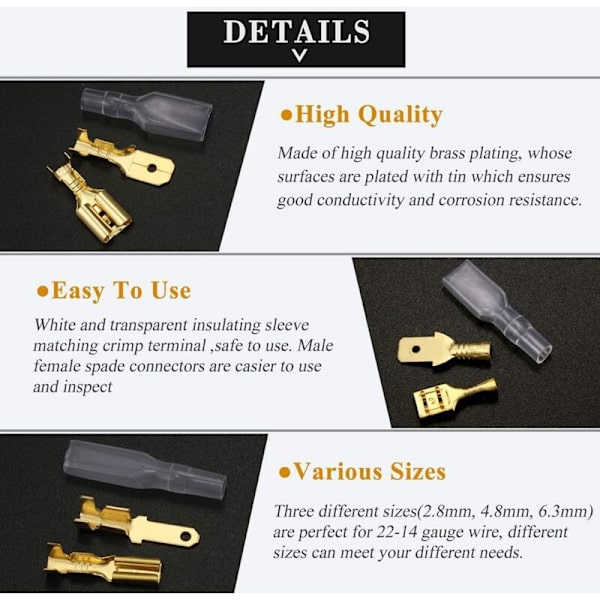 480 stk Flat Socket, 2.8mm 4.8mm 6.3mm Hann og Hunn Flat Plugg Terminal Spade Kabel Lugs med Isolerende Hylsen Sortimentsett (Gull)