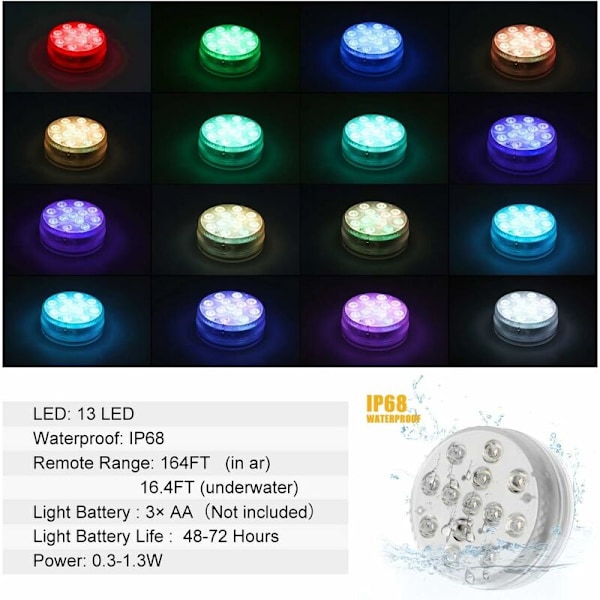 Neddykkelige LED-lys 4 stk., 13 LED'er Ekstra brede undervands LED-lys IP68 Vandtætte 50m/164ft Dybde, Lang Batterilevetid til Akvarium, Pool, Dam