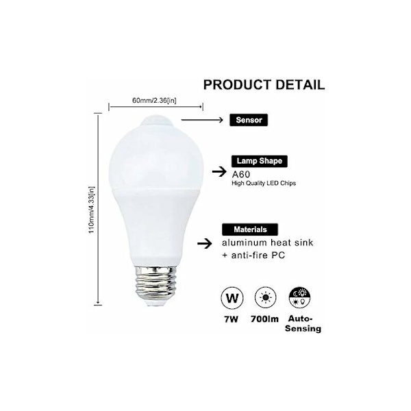 12W E27 PIR Infrapunainen LED-lamppu Liiketunnistimella AUTOMAATTINEN ON/OFF A60 220V 1200lm vastaa 120W Halogeenia Portaiden Käytävien Autotallin Jne. (2 kpl)