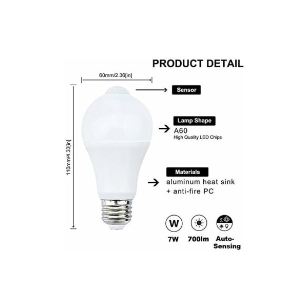 12W E27 PIR Infraröd LED-lampa med rörelsesensor PÅ/AV automatiskt A60 220V 1200lm motsvarande 120W halogen för trappor korridor garage（2-pack,