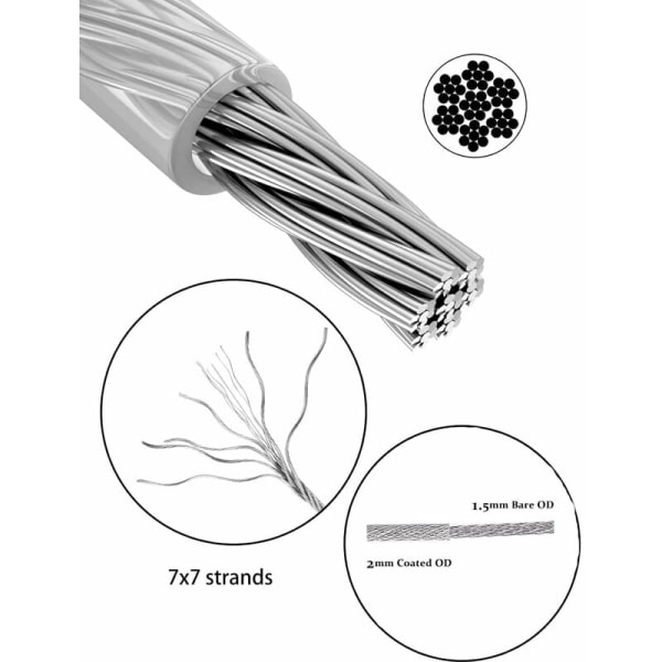 Rustfritt stål tau hengekit, 50M/2mm belagt rustfritt stål kabel, med M5 kabelstrammer og krok, rustfritt stål kabel tilbehør for skinne