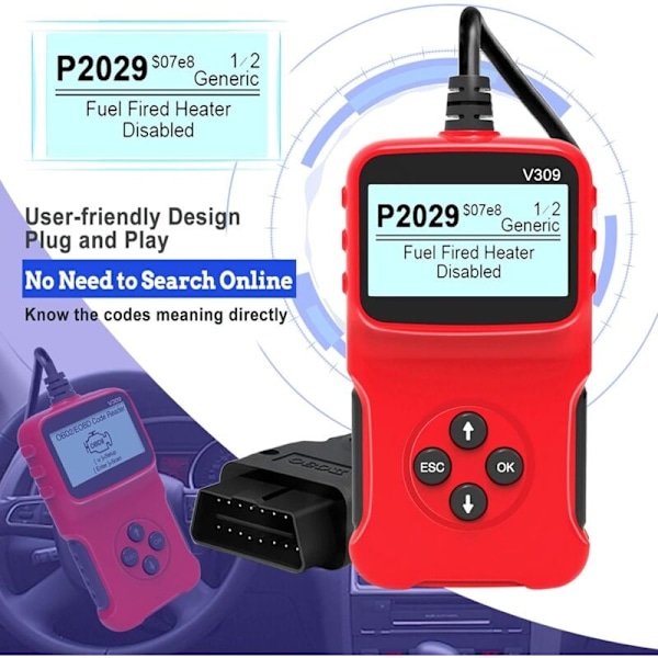 OBD2 Diagnostisk Enhet Skanner Universal Bildiagnostisk Enhet Feilkodeleser Adapter V309 for Alle OBDII Protokoll, Sjekk Motorlys, I/M Lesing