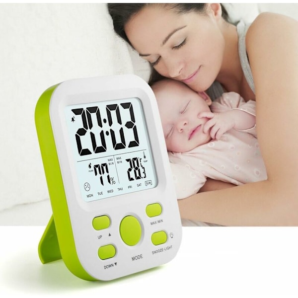 Digital väckarklocka med snooze och sömntimer, 12 timmar/24 timmar, bakgrundsbelyst display, automatisk fuktighets- och temperaturjustering. (Grön)