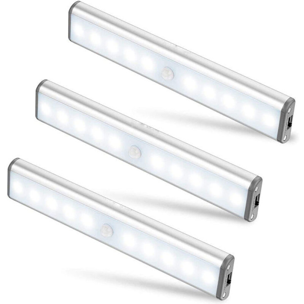 Sæt med 3 10 LED-lamper, trådløse, USB-opladelige, magnetiske, bevægelsessensor, 2 lystilstande, bærbare. Skabslys, nødbærbart lys