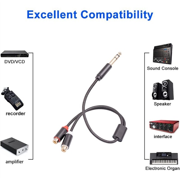 6,35 mm uros-RCA-ääniadapterikaapeli, RCA-1/4 tuuman jakokaapeli, 6,35 mm - RCA-kaapeli