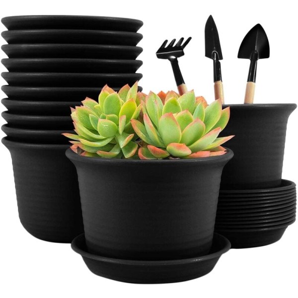 12 stk serie plastblomsterpotter, plantebeholdere med dreneringshull og brett, dekorative frøplantebarnehage runde potter