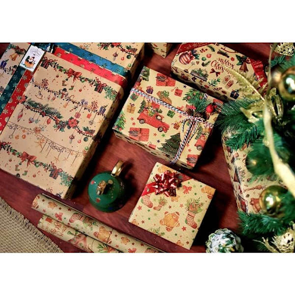 Julpapper för julklappar, 12 ark julpapper, kraftpapper julklappspapper, återvunnet kraftpapper julklappspapper 70x50CM,