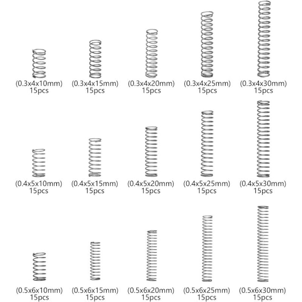 Puristusjousien kokoelmasetti, 15 eri kokoa 225 kpl Ruostumattomasta teräksestä valmistettuja minijousia korjauksiin, Pituus 10mm - 30mm, Ulkohalkaisija 4-6mm