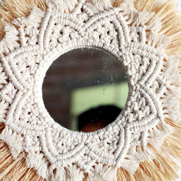 Nordisk halmvävda hotell Bed and Breakfast vägg Boho dekor spegel handvävd Macrame väggdekor dekorativ spegel