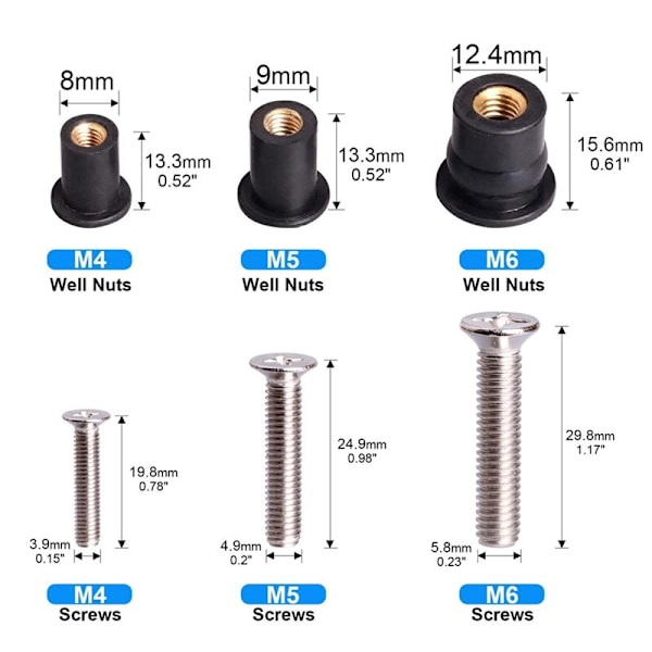 36 Par Neoprene Well Nuts /M5/M6 med Rostfria Skruvar Gummimutter Kajakbultar Koppar Mässingssats