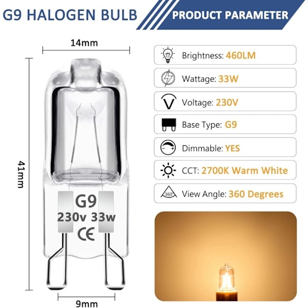 Pakke med 12 G9 Halogen Kapselpære 33W 230V, Dimbar, 460LM, Varmt Hvit 2700K, G9 Bi-Pin Base Halogen Lampe, for Ovn, Lysekroner, Landskapslys