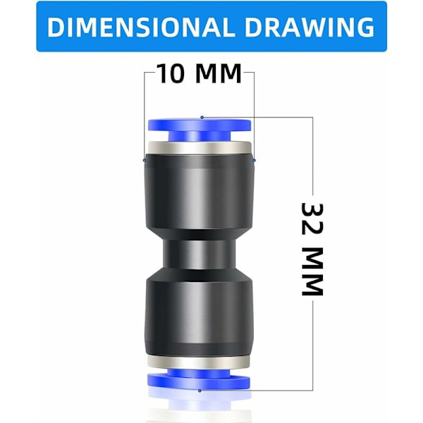 10 stk Blå 4mm OD Straight Push To Connect Fittings (PU-4)