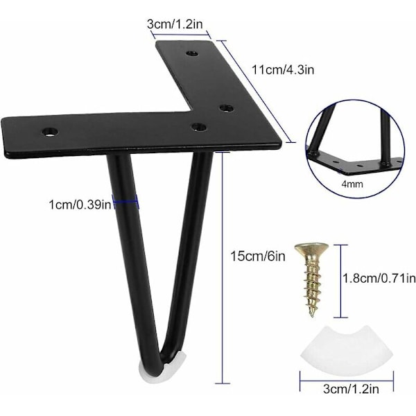 Set med 4 industriella soffbordsben, hårnålsben 15 cm/6 tum, hårnålsben smidesjärnsbordstöd, svarta metallmöbelben med skruvar för soffbord, lågt skåp, TV-skåp