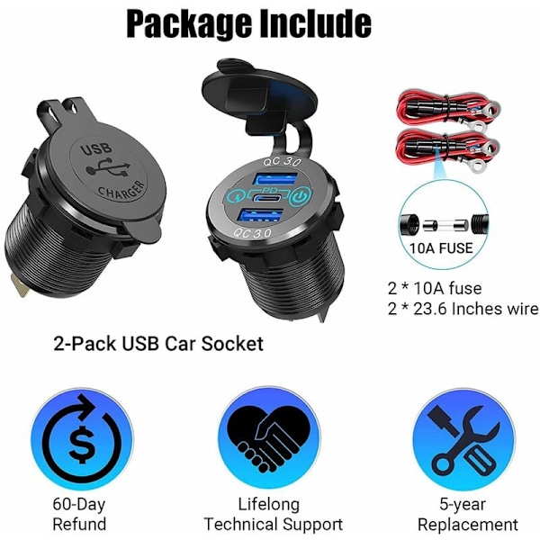 3.0 PD3.0 Trippel USB-billader 12V 24V 60W USB-C Multippel lader med bryter for båt, lastebil, RV,