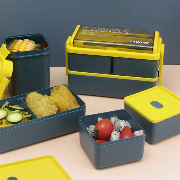 Mikrovågsugnssäker Lunchbox med Dubbla Lager 1400ML Matförvaringsbehållare Servis Set med Gaffel Sked Termisk Rosa