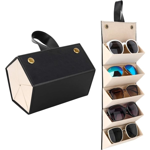 Reiseorganisering for flere solbriller - PU-skinn hengende sammenleggbare brilleveske, herre, dame, svart, stor