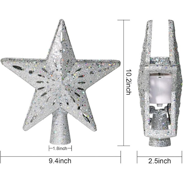 Julgransljusstjärna med roterande LED-snöflingsprojektor, 2 i 1, guldglitter, 5 punkter, 24 cm, för julgransdekoration (silver)