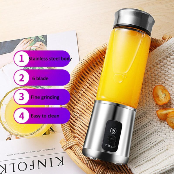 380 ml bärbar juicepress, multifunktionskoppmixer, USB-laddning, 6 blad, mixer, juicekopp, fruktextraktorer, juicetillverkare, silver