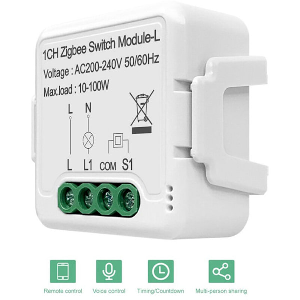 1 st Tuya ZigBee 3.0 Smartströmbrytarmodul utan behov av neutral ledning, fungerar med Alexa Home, 1-vägs