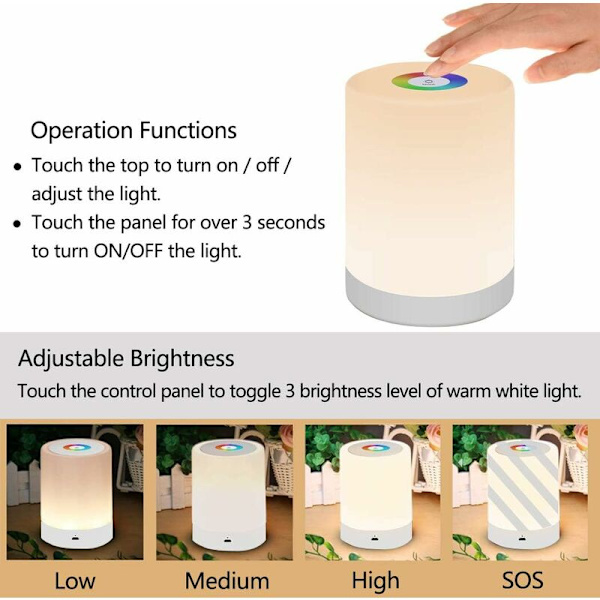 LED-nattlampa, Smart Sängbordlampa, Dimbar Touchkontroll, USB-laddningsbar, Bärbar, RGB-färgbyte för Barn, Sovrum, Camping (Varm W
