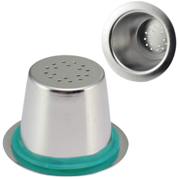3 stk. Genanvendelige Kaffe Kapsler i Rustfrit Stål og 100 stk. Aluminium Låg, Genanvendeligt Filter til