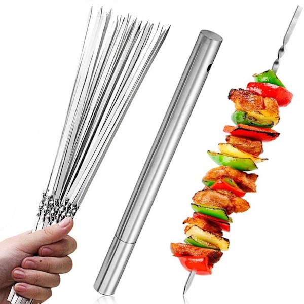 Rostfria Grillspett för Barbeque, Shish Kebab, Camping, Platta Gafflar, Kökstillbehör, Verktyg