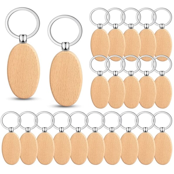 50 Pieces Oval Wooden Keychains Woodcut Blanks Unfinished Wooden Keyrings Key Rings for DIY Gift Crafts (Oval)