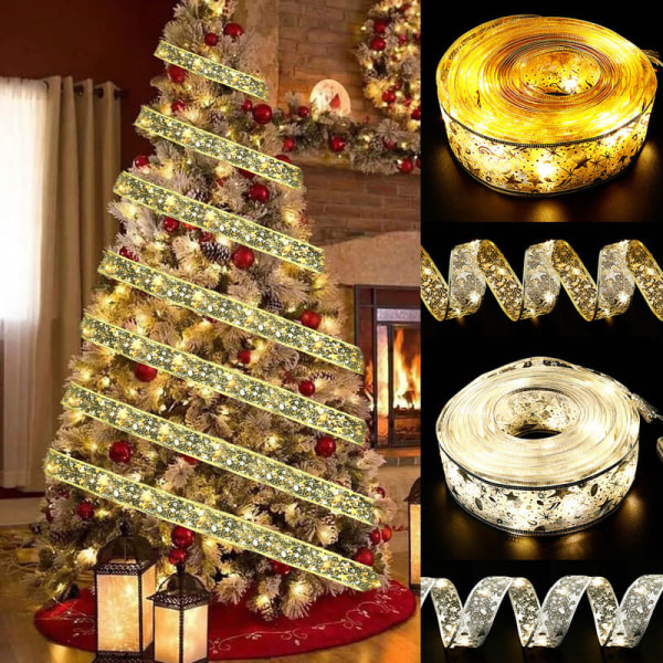 10m julband LED-slingor, juldekorationer Julgransdekoration Hänge Present Bronzer Dubbellagersband (guld, varmt ljus)