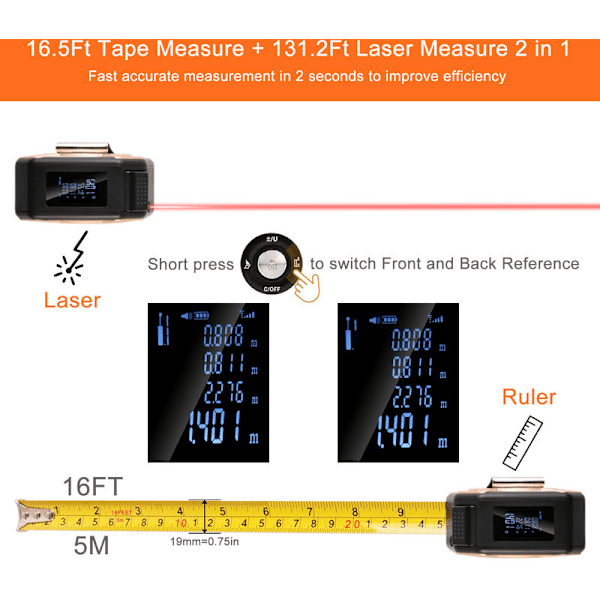 2-i-1 Laserbandmått, Uppladdningsbart Laserbandmått med 40m Laser och 5m Band, USB-laddning med LCD-bakgrundsbelysning, Digital Display