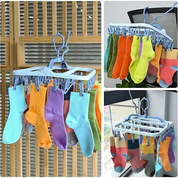Socktorkställ, Hängande Tvättställ med 32 Vindtäta Klämmor, Vikbart Lingerie Socktork för Sockor, Underkläder, Babykläder, Handdukar (Blå