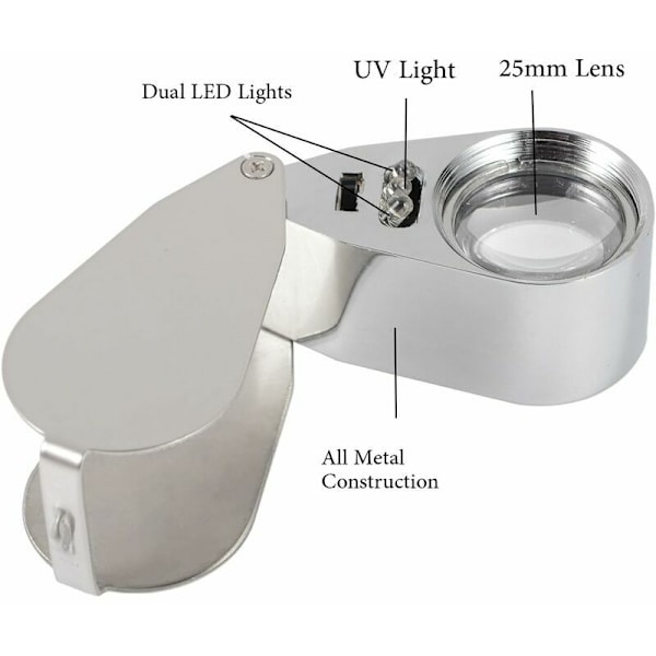 40X Metal Forstørrelsesglas med LED-lys og Foldbar Design, Lommeforstørrelsesglas med LED-lys (LED-møntdetektion / Juveleridentifikation