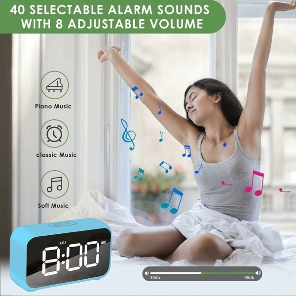 LED Digital Väckarklocka med Snooze-funktion USB Laddningsbar Spegel Yta 12/24H för Sovrum Kontor Blå-Fei Yu