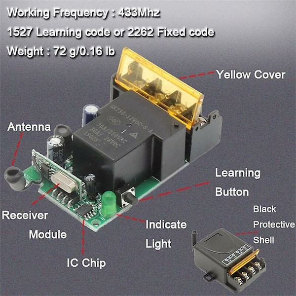 DIY Trådløs 433MHz Universal Fjernbetjeningsswitch 12V-48V Højtydende Relæmodtagermodul til Ca