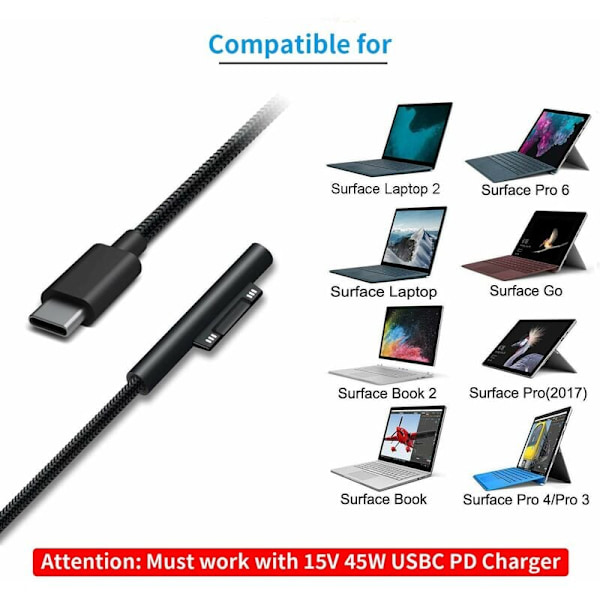 Nylonflettet USB-C-ladekabel for Surface Pro 6/5/4/3 Surface Laptop strømforsyningskabel 1,5M 45W 15V PD