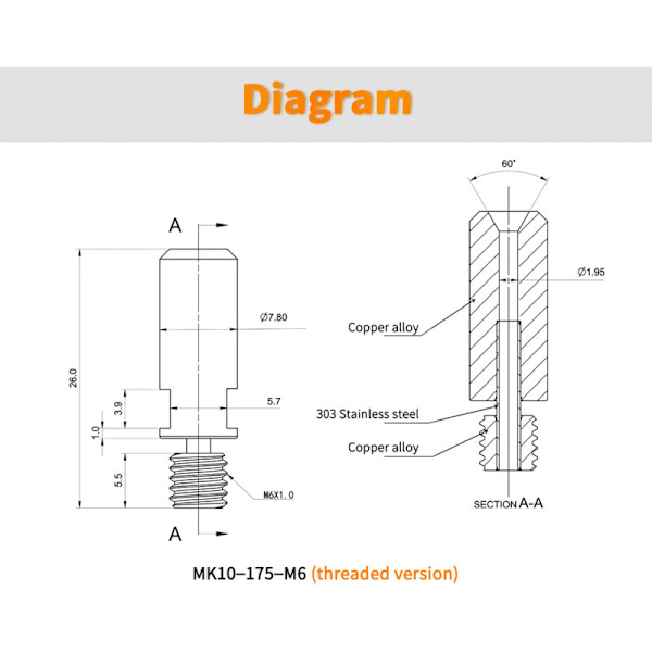 Bimetal Heat Break Throat for -V6 Dragon Hotend Heater Block 1.75Mm 3D Printerdeler Varme, MK8