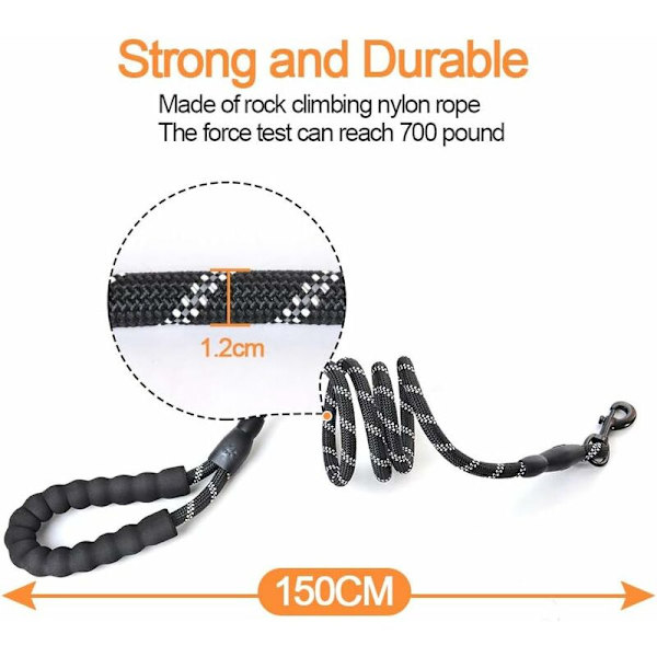 Høy kvalitet svart reflekterende sterk justerbar nylon hundeleie 150 cm for store eller mellomstore hunder egnet for løping jogging fotturer (svart)