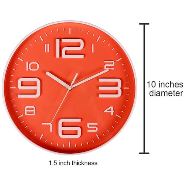 3D Stor Nummer Indendørs Stille Fejende Bevægelse Dekorativ Batteridrevet 10 Tommer Kvarts Stille Ikke-tikkende Vægur Orange